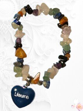 Gemstone Chip Stretch Bracelet – Mixed Natural Stones with Heart Charm 154